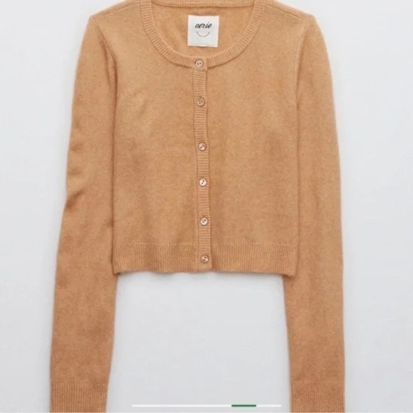 Aerie Campus Cool Crop Plush Cardigan Sweater Tan - Picture 3 of 13